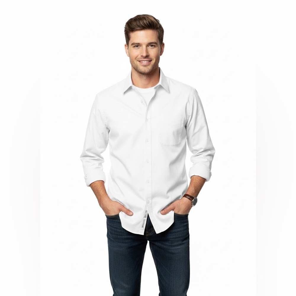 Club Room Men’s White Dress Shirt Performance Cotton Regular Fit Size Large